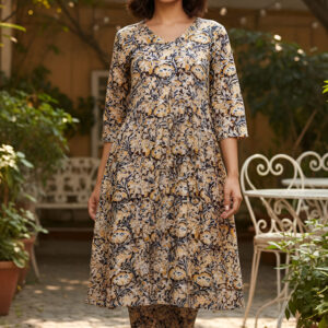 Home beige & navy floral kurta set