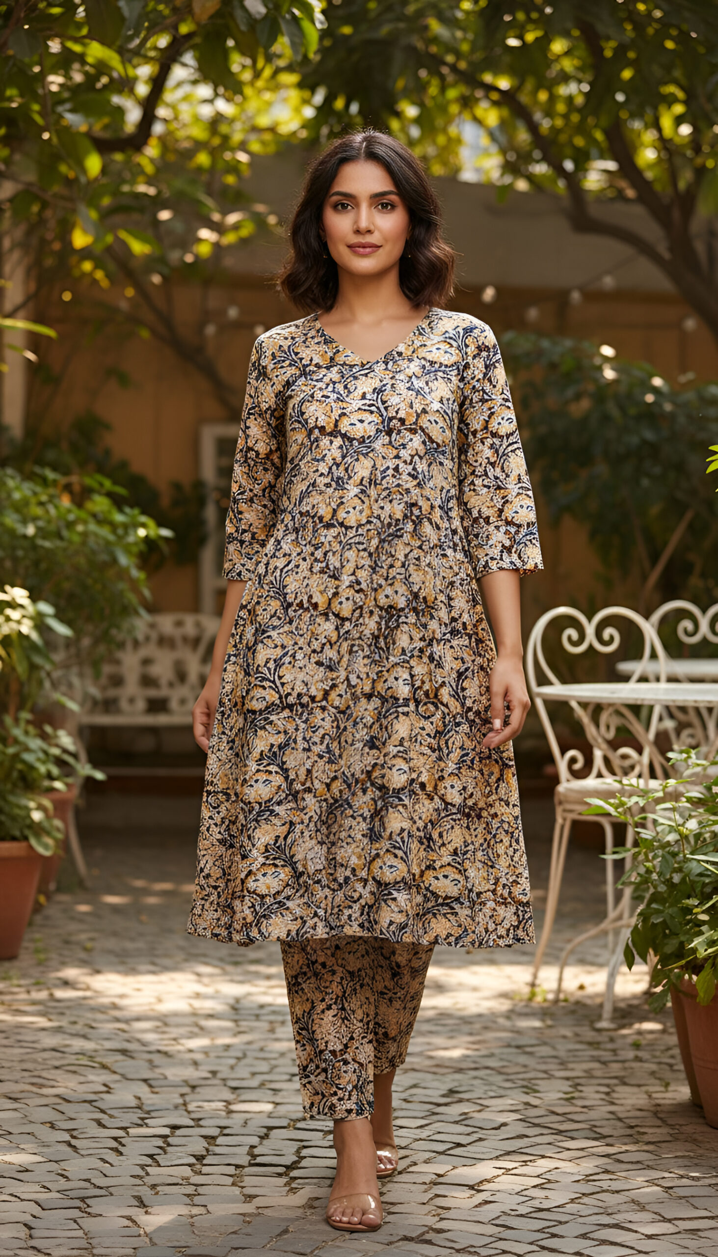 beige & navy floral kurta set beige & navy floral kurta set